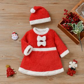Christmas 2pcs Baby Santa Outfits Red Thickened Fuzzy Fleece Long-sleeve Dress Set