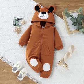 Baby Boy/Girl Brown Cartoon Bear Ears Hooded Long-sleeve Zip Jumpsuit