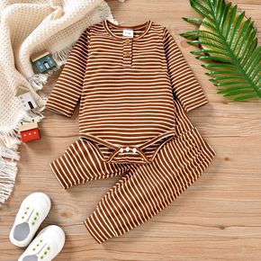 2pcs Baby Boy/Girl Ribbed Long-sleeve Solid/Striped Romper and Trousers Set