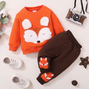 2pcs Baby Boy Cartoon Fox Pattern Orange Long-sleeve Sweatshirt and Trousers Set