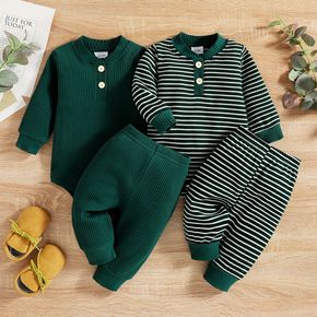 2pcs Baby Boy Solid/Striped Ribbed Button Up Long-sleeve Romper and Trousers Set