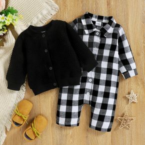 2pcs Baby Boy/Girl Button Up Solid Knitted Long-sleeve Cardigan and Plaid Jumpsuit Set
