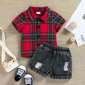 100% Cotton 2pcs Baby Boy Red Plaid Short-sleeve Shirt and Ripped Denim Shorts Set
