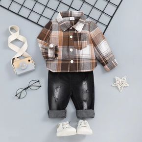 2pcs Baby Boy Long-sleeve Button Up Plaid Shirt and Ripped Jeans Set
