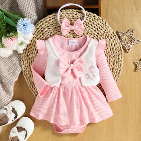 2pcs Baby Girl Long-sleeve Faux-two Embroidered Fuzzy Spliced Rib Knit Bow Front Romper with Headband Set