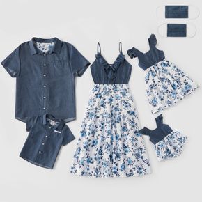 Mosaic Floral Print Stitching Family Matching Navy Blue Sets