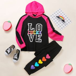 2-piece Kid Girl Letter Print Hoodie and Heart Print Pants Casual Set
