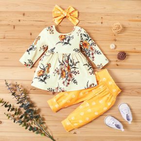 Conjunto para bebê (3 peças) com manga longa em amarelo e estampa floral