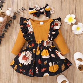 3pcs Baby Thanksgiving Day Turkey Print Suspender Skirt and Long-sleeve Waffle Romper Set