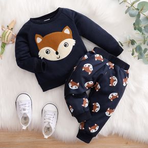 2pcs Cartoon Fox Pattern Navy Baby Long-sleeve Cotton Pullover and Pants Set