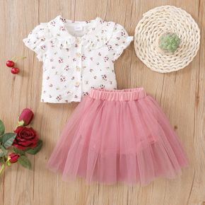 2pcs Baby Girl 100% Cotton Floral Print Peter Pan Collar Puff-sleeve Top and Mesh Shorts Set
