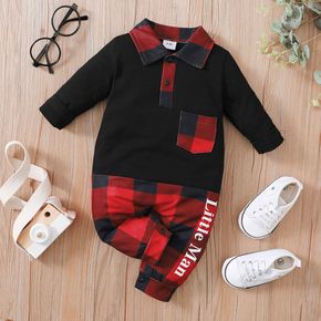 Baby Boy Red Plaid Letter Print Long-sleeve Splicing Jumpsuit
