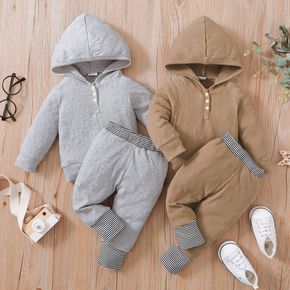 2pcs Baby Boy Solid Textured Long-sleeve Hoodie and Striped Splicing Trousers Set