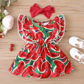 2pcs Baby Girl All Over Red Watermelon Print Sleeveless Ruffle Dress with Headband Set