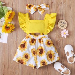 2pcs Baby Girl Solid Splicing Sunflower Floral Print Ruffle Sleeveless Romper with Headband Set