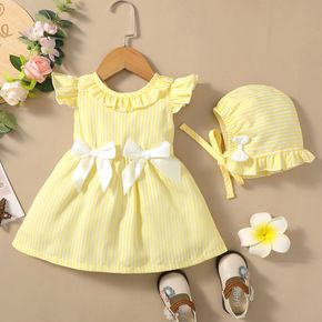 Stripe Holiday Baby Girl 2pcs Striped Ruffle and Bow Decor Flutter-sleeve Dress with Hat Yellow Set