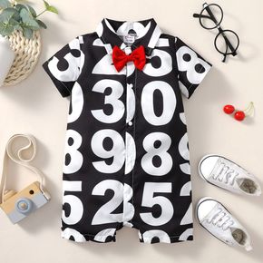 Baby Boy Party Outfit All Over Number Print Short-sleeve Bow Tie Snap Romper