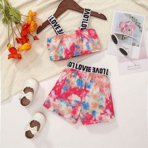 2pcs Baby Girl Letter Print Tie Dye Cami Crop Top and Shorts Set