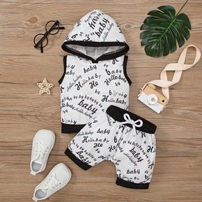 2pcs Baby Boy/Girl All Over Letter Print Waffle Hooded Tank Top and Shorts Set