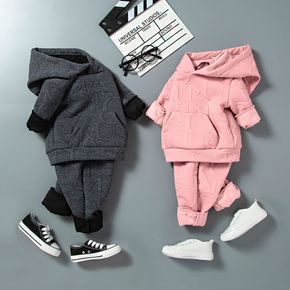 2pcs Baby Boy/Girl Letter Textured Solid Long-sleeve Hoodie and Pants Set