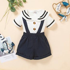 2pcs Baby Boy/Girl 100% Cotton Suspender Shorts andContrast Sailor Collar Short-sleeve Top Set