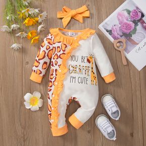 2pcs Baby Girl 95% Cotton Long-sleeve Cartoon Giraffe & Letter Print Ruffle Trim Spliced Jumpsuit with Headband Set