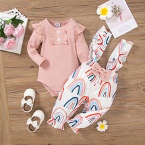 2pcs Baby Girl 95% Cotton Long-sleeve Rib Knit Ruffle Trim Romper and Allover Rainbow Print Overalls Set