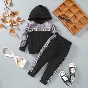 Toddler Boy Letter and Houndstooth Print Hooded Long-sleeve Hoodie Top and Pants Black Set