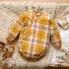 100% Cotton Yellow Plaid V Neck Long-sleeve Baby Romper