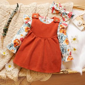 3pcs Baby Floral Print Ruffle Long-sleeve Romper and Sleeveless Corduroy Dress Set