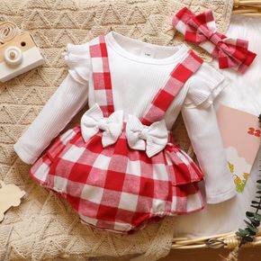 2pcs Baby Ribbed Long-sleeve Splicing Red Plaid Ruffle Romper Set