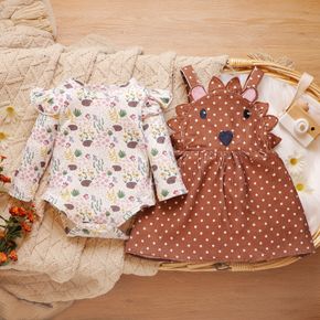 2pcs Baby Mädchen Blumendruck Rüschen Langarm Strampler und Polka Dots Cartoon Cord Overall Kleid Set
