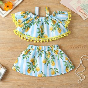 2pcs Baby Girl All Over Lemon Print Spaghetti Strap Pom Poms Top and Skirt Set