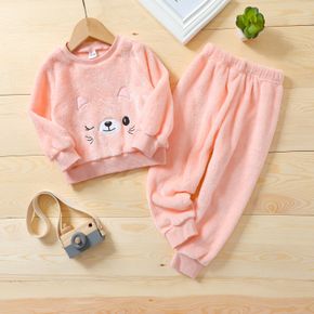 2-piece Toddler Girl Cat Pattern Fuzzy Pullover and Pink Pants Set