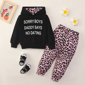 2-piece Toddler Girl 100% Cotton Letter Print Black Hoodie Sweatshirt and Leopard Print Pants Set