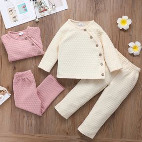 2-piece Toddler Girl Button Design Textured Solid Color Sweatshirt and Pants Set