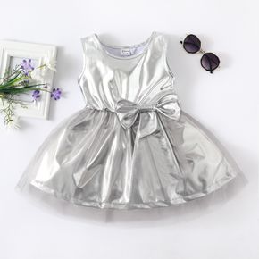 Toddler Girl Bowknot Mesh Design Laser Metallic Silver Sleeveless Party Dress