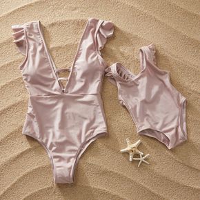 Cute  Flutter-sleeve One-piece Swimsuit in Pink for Mom and Me