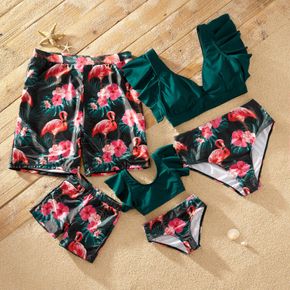 Ruffle Sleeve Flamingo Print Matching Swimsuits