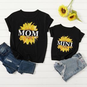 Sunflower Print Pattern Black Cotton Tops for Mom and Me