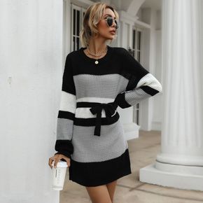 Colorblock Round Neck Long-sleeve Knit Belted Midi Dress