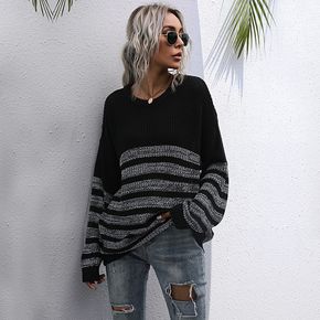 Black Striped Round Neck Long-sleeve Sweaters