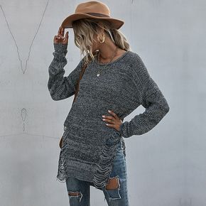 Distressed Ripped Long-sleeve Knit Sweater