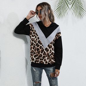 Leopard Panel Long-sleeve Hooded Sweatshirt