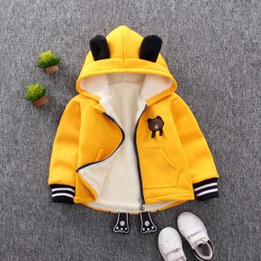 100% Cotton Bear Applique Hooded 3D Ear and Feet Decor Fleece-lining Long-sleeve Yellow or Grey or Orange Toddler Coat Jacket