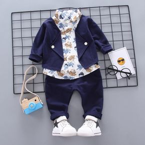 2-piece Toddler Boy 100% Cotton Leaf Print Faux-two Top and Letter Embroidered Pants Party Set