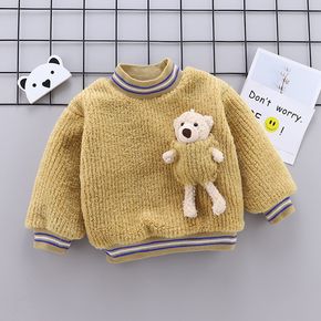 Ribbed Splice Fluffy Bear Decor Fleece-lining Long-sleeve Beige or Yellow or Blue Toddler Pullover Top