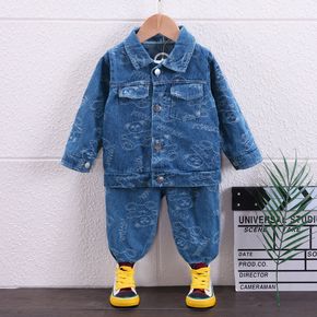 2-piece Toddler Boy 100% Cotton Bear Print Lapel Collar Button Design Denim Jacket and Jeans Set