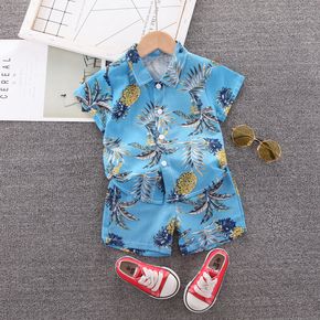 2pcs Toddler Boy 100% Cotton Floral Pineapple Print  Shirt and Shorts Set