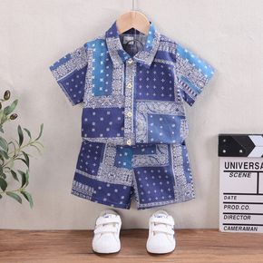 2pcs Toddler Boy 100% Cotton Exotic Allover Print Lapel Collar Shirt and Shorts Set